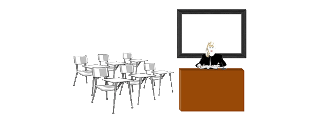 teacher at desk in classroom